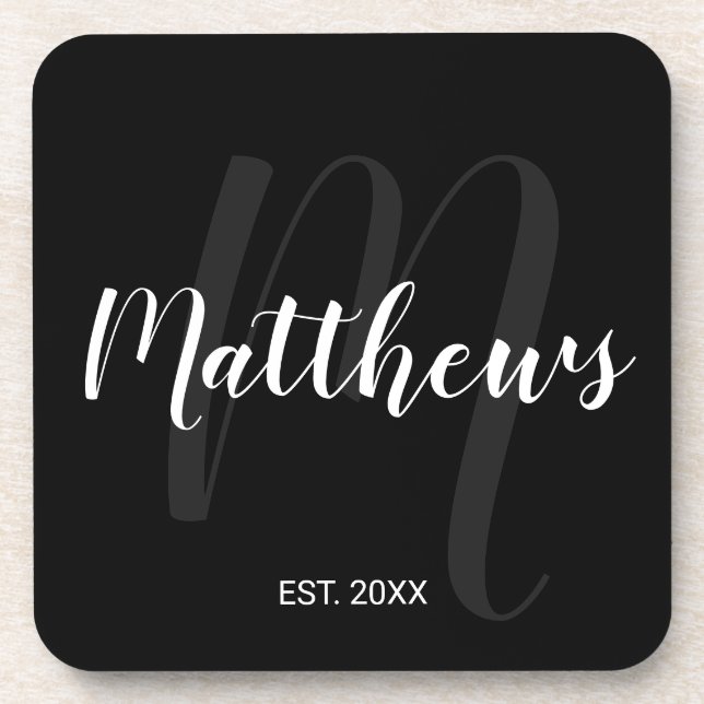 Modern Personalized Monogram and Family Name Black Coaster (Front)