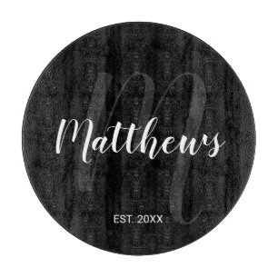 Modern Personalized Monogram and Family Name Black Cutting Board