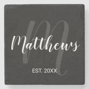 Modern Personalized Monogram and Family Name Black Stone Coaster