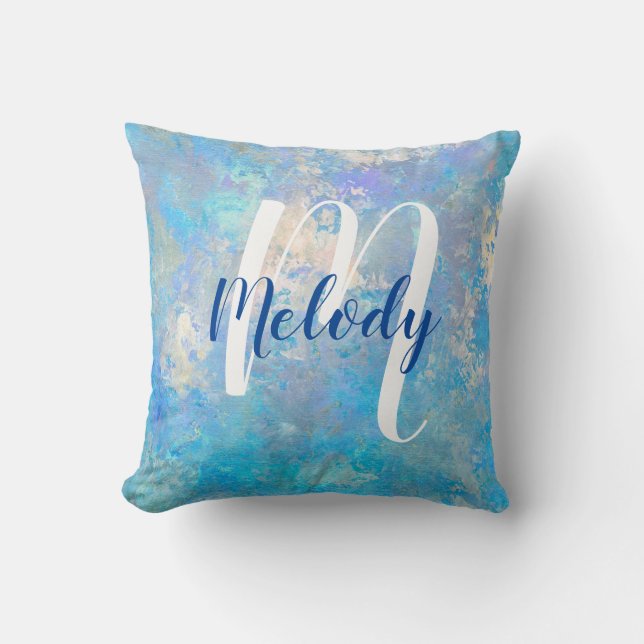 Modern Personalized Monogram and Name Blue Shades Throw Pillow (Front)