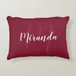 Modern Personalized Monogram and Name Burgundy Red Accent Pillow<br><div class="desc">Personalized Monogram and Name Gift featuring personalized name in white modern script font style and monogram in light burgundy red modern script font style as background on burgundy red background. Perfect as holiday gift, family reunion favours, housewarming gift, wedding gift, thank you gift for bridesmaids and gift for any special...</div>