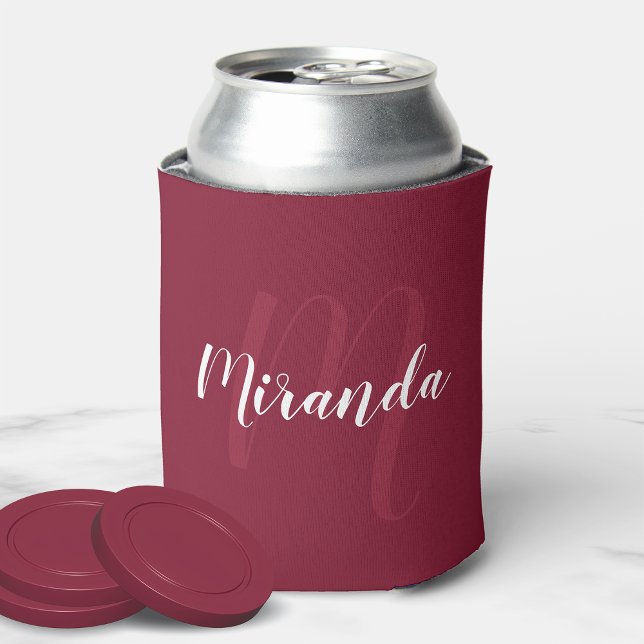 Modern Personalized Monogram and Name Burgundy Red Can Cooler (Creator Uploaded)