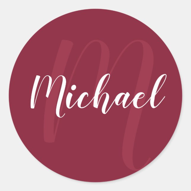 Modern Personalized Monogram and Name Burgundy Red Classic Round Sticker (Front)