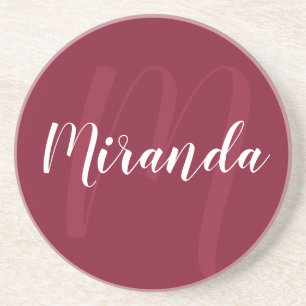 Modern Personalized Monogram and Name Burgundy Red Coaster