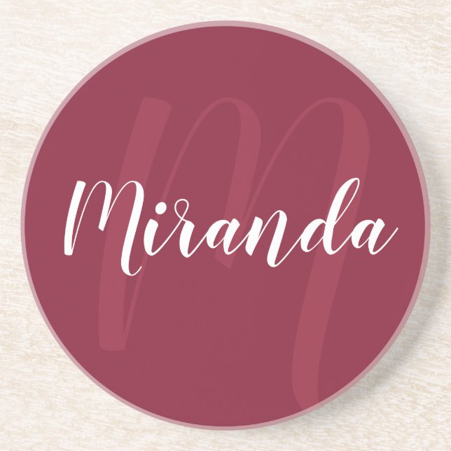 Modern Personalized Monogram and Name Burgundy Red Coaster (Front)