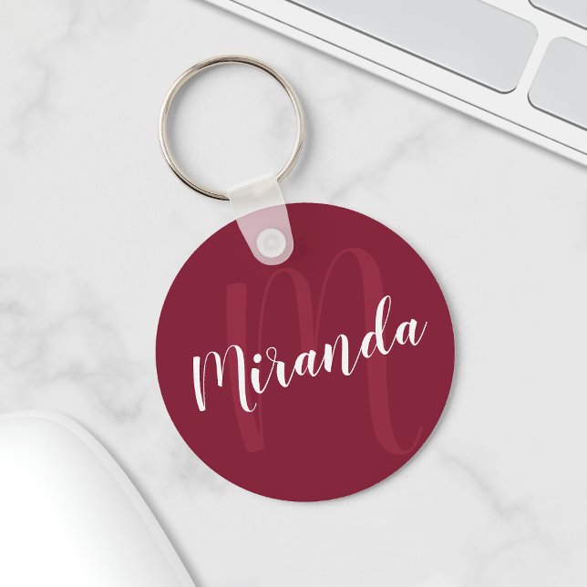 Modern Personalized Monogram and Name Burgundy Red Keychain (Creator Uploaded)