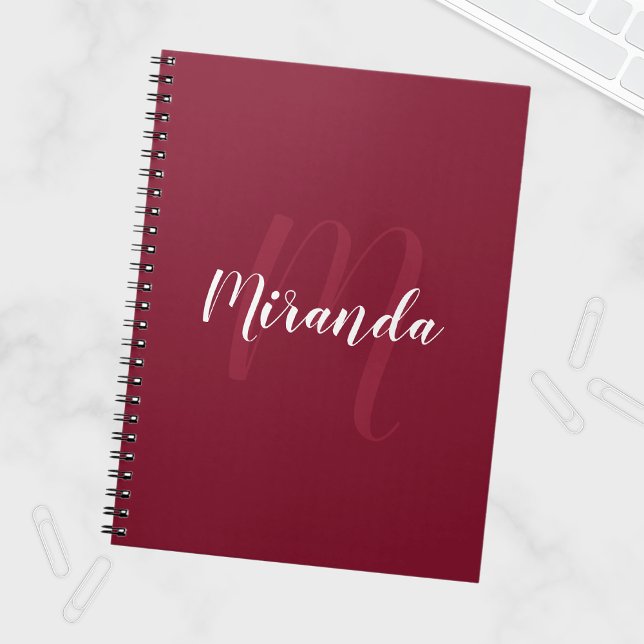 Modern Personalized Monogram and Name Burgundy Red Notebook (Creator Uploaded)