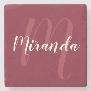 Modern Personalized Monogram and Name Burgundy Red Stone Coaster