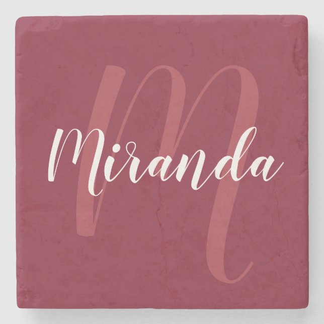 Modern Personalized Monogram and Name Burgundy Red Stone Coaster (Front)