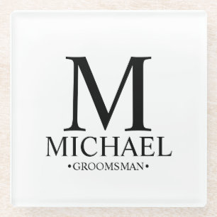 Modern Personalized Monogram and Name Groomsman Glass Coaster
