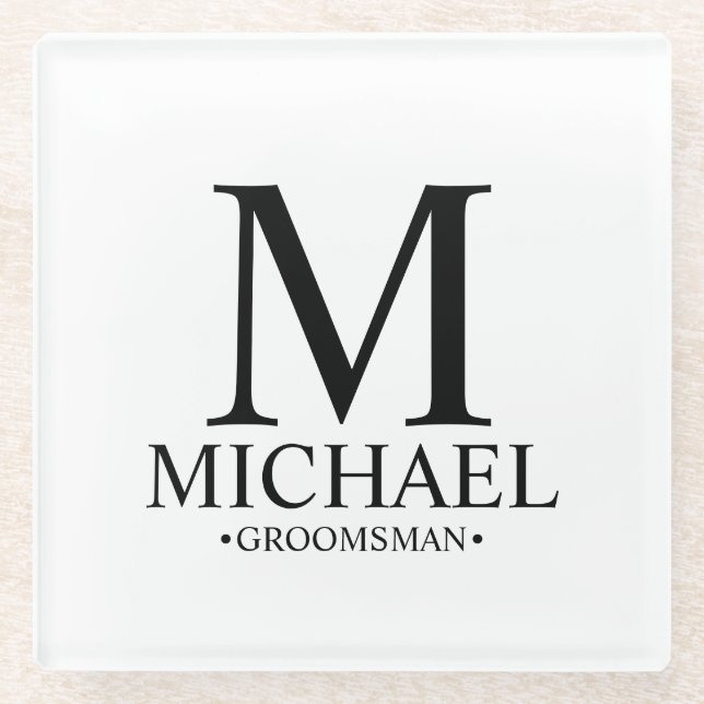 Modern Personalized Monogram and Name Groomsman Glass Coaster (Front)