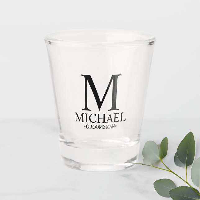 Modern Personalized Monogram and Name Groomsman Shot Glass (Creator Uploaded)