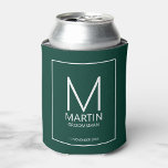 Modern Personalized Monogram and Name Groomsmen Can Cooler<br><div class="desc">Add a personal touch to your wedding with personalized groomsmen can cooler.
This can cooler features personalized groomsman's monogram and name with title and wedding date in white modern sans serif font style on emerald green background.

Also perfect for best man,  father of the bride and more.</div>