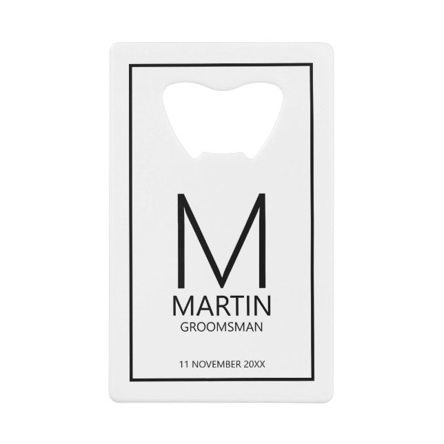 Modern Personalized Monogram and Name Groomsmen Credit Card Bottle Opener (Front)
