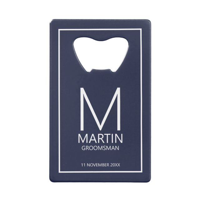 Modern Personalized Monogram and Name Groomsmen Credit Card Bottle Opener (Front)