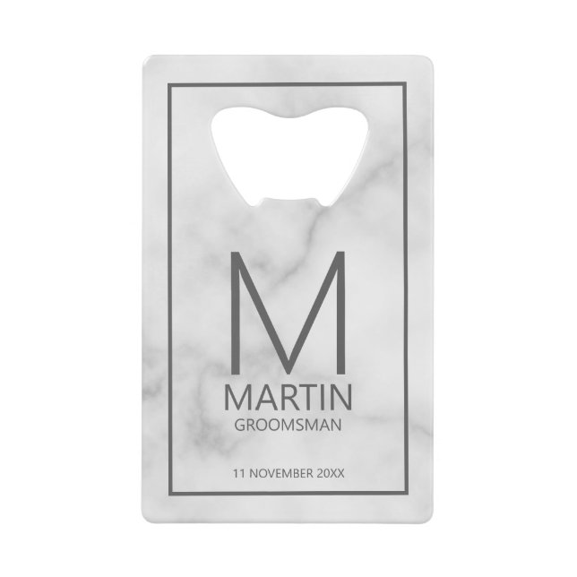 Modern Personalized Monogram and Name Groomsmen Credit Card Bottle Opener (Front)