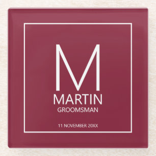 Modern Personalized Monogram and Name Groomsmen Glass Coaster