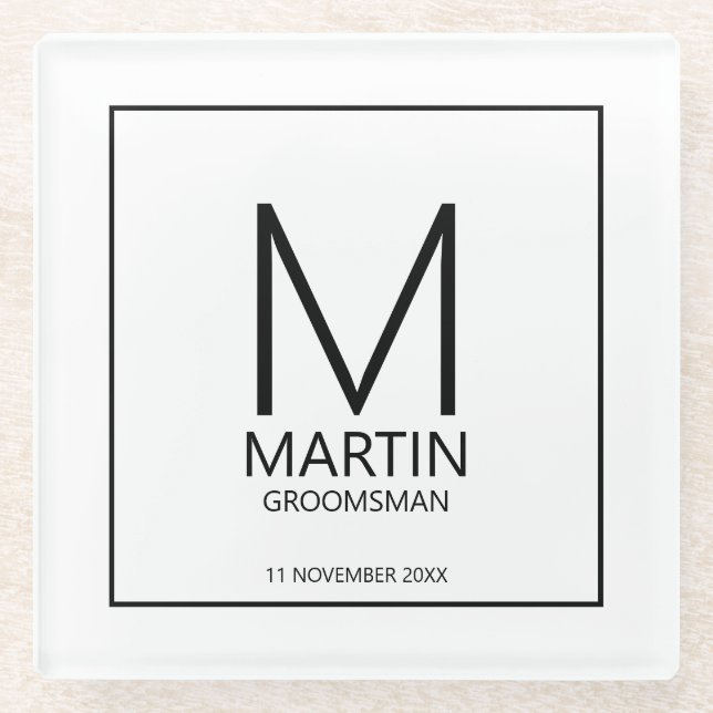 Modern Personalized Monogram and Name Groomsmen Glass Coaster (Front)