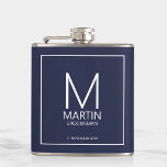 Modern Personalized Monogram and Name Groomsmen Hip Flask<br><div class="desc">Add a personal touch to your wedding with personalized groomsmen flask.
This flask features personalized groomsman's monogram and name with title and wedding date in white modern sans serif font style on navy blue background.

Also perfect for best man,  father of the bride and more.</div>