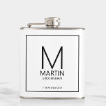 Modern Personalized Monogram and Name Groomsmen Hip Flask<br><div class="desc">Add a personal touch to your wedding with personalized groomsmen flask.
This flask features personalized groomsman's monogram and name with title and wedding date in black modern sans serif font style on white background.

Also perfect for best man,  father of the bride and more.</div>
