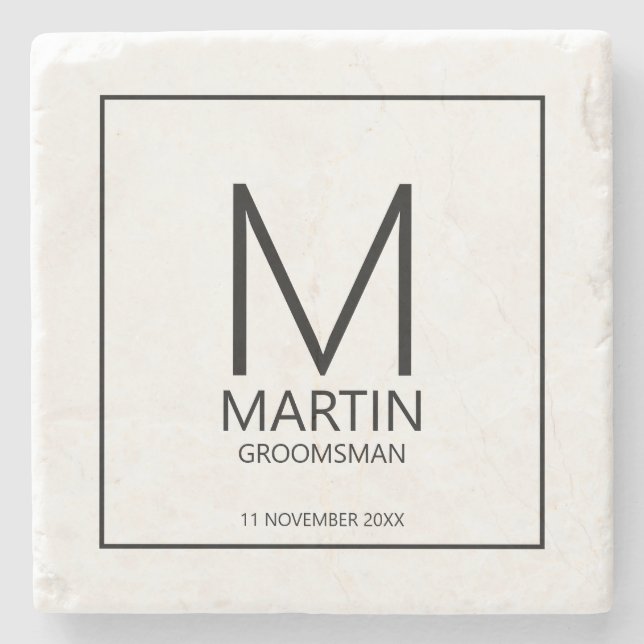 Modern Personalized Monogram and Name Groomsmen Stone Coaster (Front)
