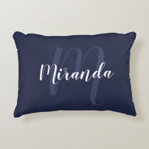 Modern Personalized Monogram and Name Navy Blue Accent Pillow
