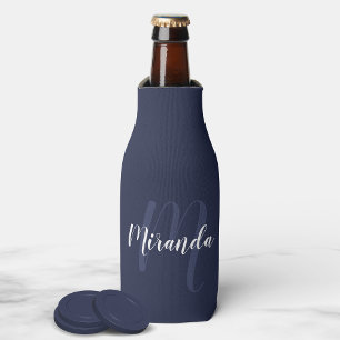 Modern Personalized Monogram and Name Navy Blue Bottle Cooler