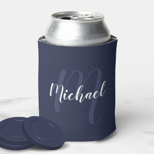 Modern Personalized Monogram and Name Navy Blue Can Cooler