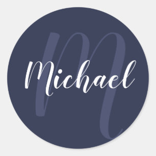 Modern Personalized Monogram and Name Navy Blue Classic Round Sticker