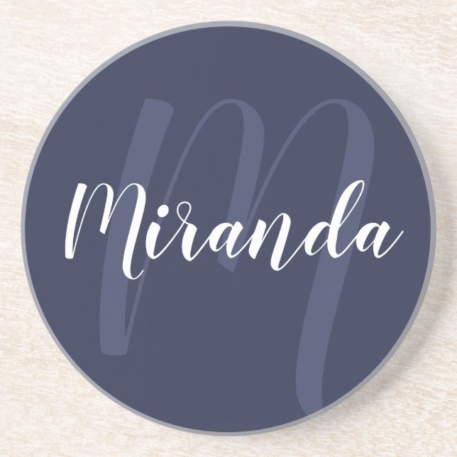 Modern Personalized Monogram and Name Navy Blue Coaster (Front)