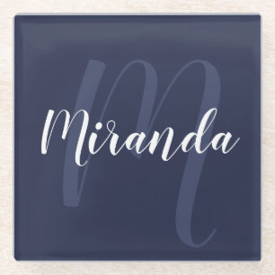 Modern Personalized Monogram and Name Navy Blue Glass Coaster