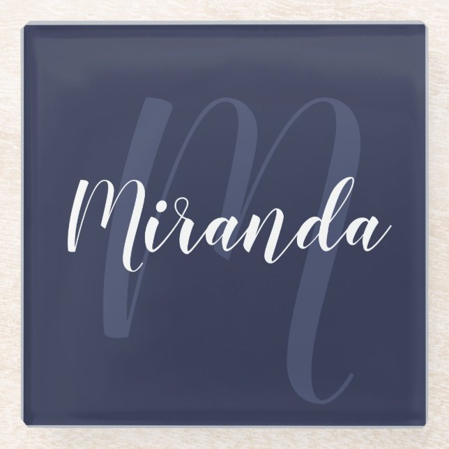 Modern Personalized Monogram and Name Navy Blue Glass Coaster (Front)