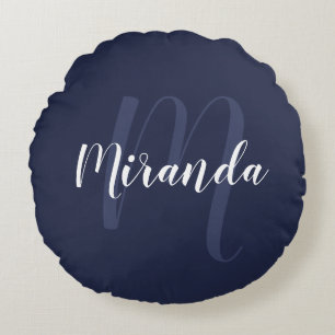 Modern Personalized Monogram and Name Navy Blue Round Pillow