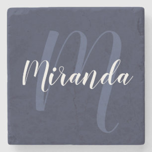 Modern Personalized Monogram and Name Navy Blue Stone Coaster