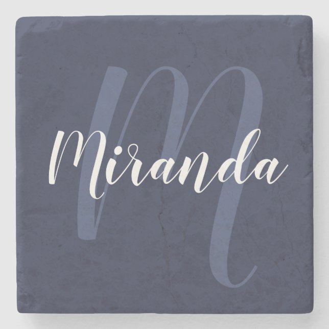 Modern Personalized Monogram and Name Navy Blue Stone Coaster (Front)