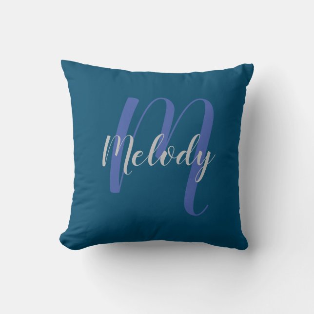 Modern Personalized Monogram and Name Navy Blue Throw Pillow (Front)