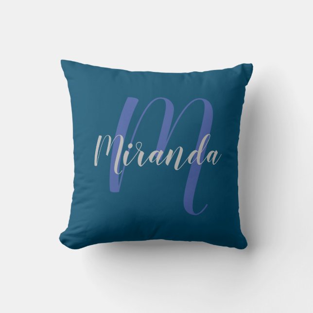Modern Personalized Monogram and Name Navy Blue Throw Pillow (Front)