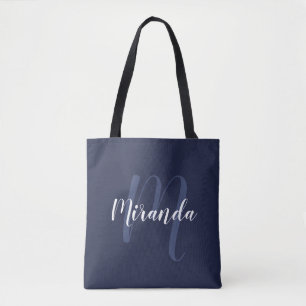 Modern Personalized Monogram and Name Navy Blue Tote Bag