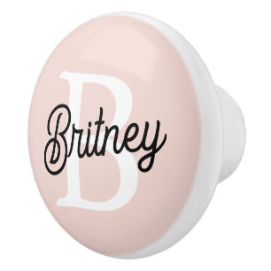 Modern Personalized Monogram and Name Pastel Pink  Ceramic Knob