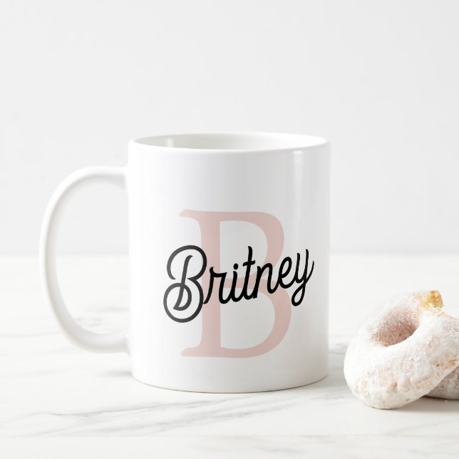 Modern Personalized Monogram and Name Pastel Pink Coffee Mug (With Donut)