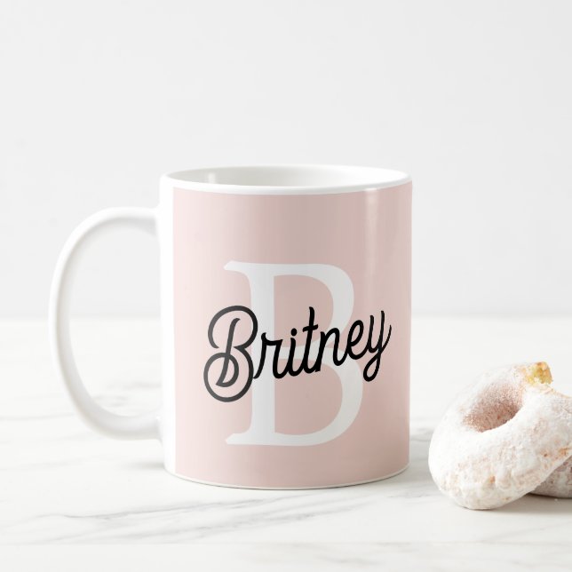 Modern Personalized Monogram and Name Pastel Pink Coffee Mug (With Donut)