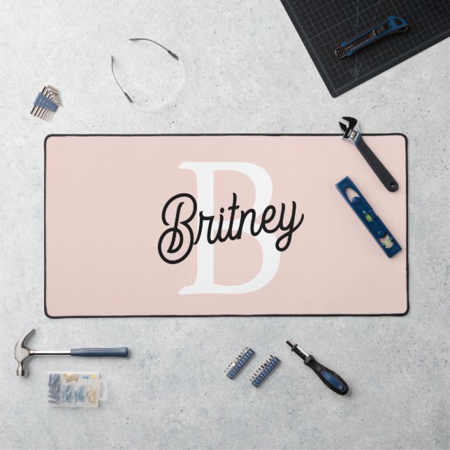 Modern Personalized Monogram and Name Pastel Pink Desk Mat (Workstation)