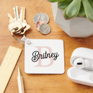 Modern Personalized Monogram and Name Pastel Pink Keychain