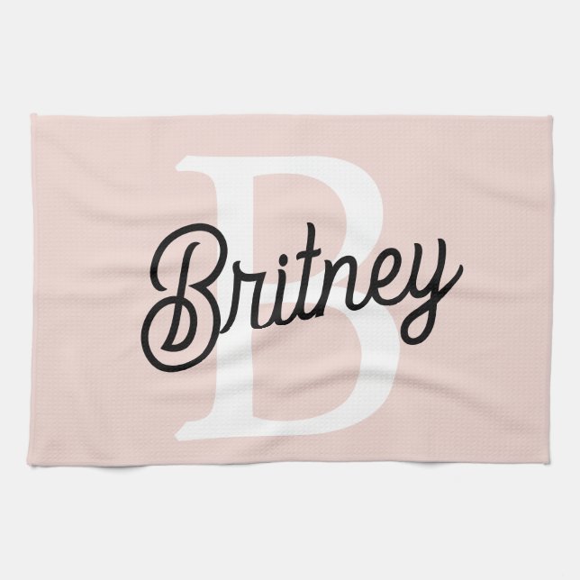 Modern Personalized Monogram and Name Pastel Pink Kitchen Towel (Horizontal)