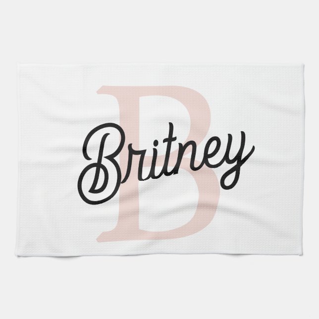Modern Personalized Monogram and Name Pastel Pink Kitchen Towel (Horizontal)