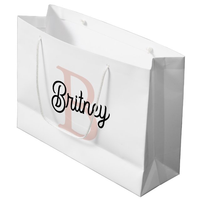 Modern Personalized Monogram and Name Pastel Pink Large Gift Bag (Front Angled)