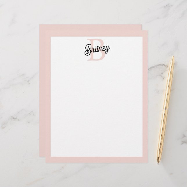 Modern Personalized Monogram and Name Pastel Pink Letterhead (Front/Back In Situ)