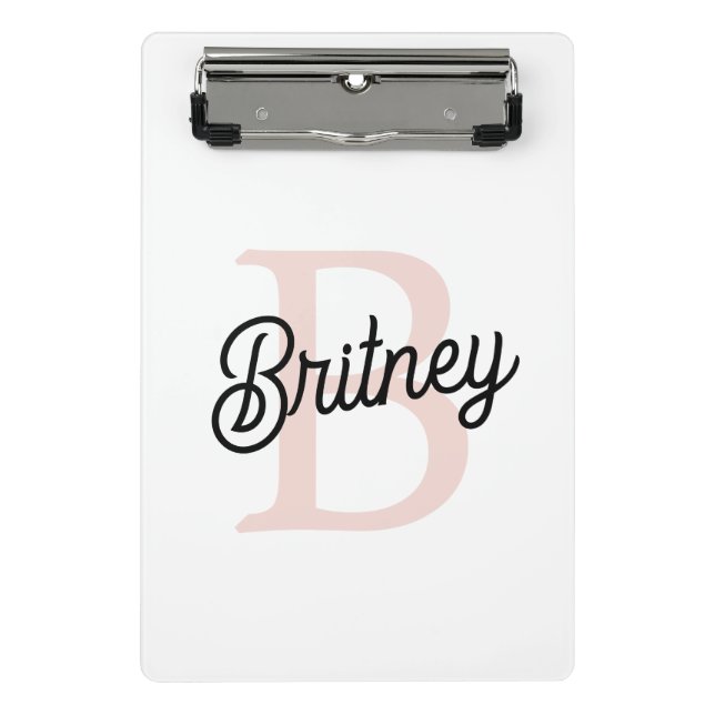 Modern Personalized Monogram and Name Pastel Pink Mini Clipboard (Front)