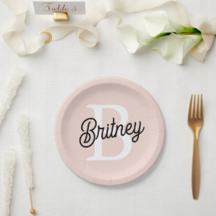 Modern Personalized Monogram and Name Pastel Pink Paper Plate
