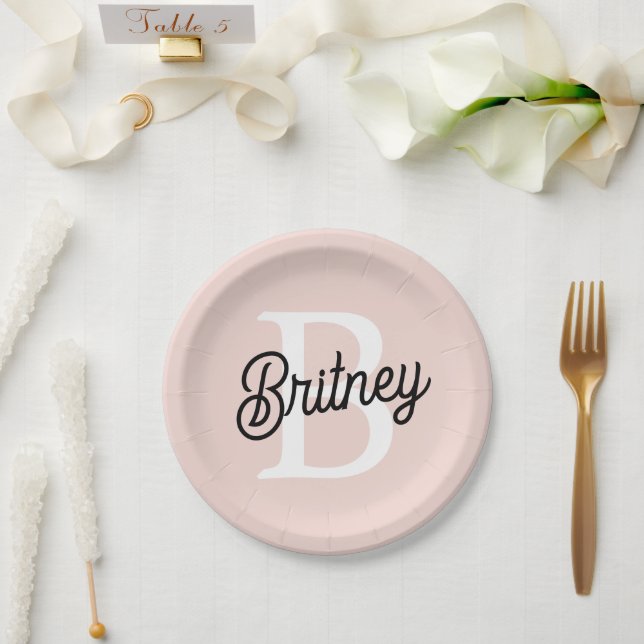Modern Personalized Monogram and Name Pastel Pink Paper Plate (Wedding)
